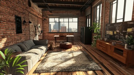 Interior Design of living room in contemporary industrial style loft, AI generated image