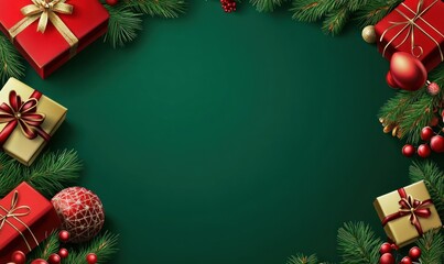 Festive Christmas Green Background with Gifts and Decorations