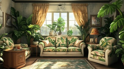 Living room interior with green ornamental plants, AI generated image