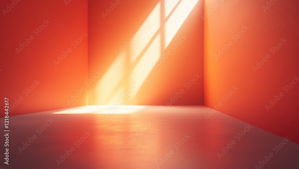 Poster abstract interior space with vibrant orange walls illuminated by soft natural sunlight creating a wa