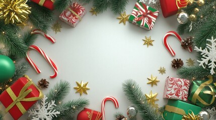 Merry Christmas Festive Border Design with Gifts, Candy Canes, and Evergreen Branches