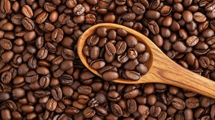 Fototapeta premium Coffee beans in a wooden spoon on a ceramic table, AI generated image