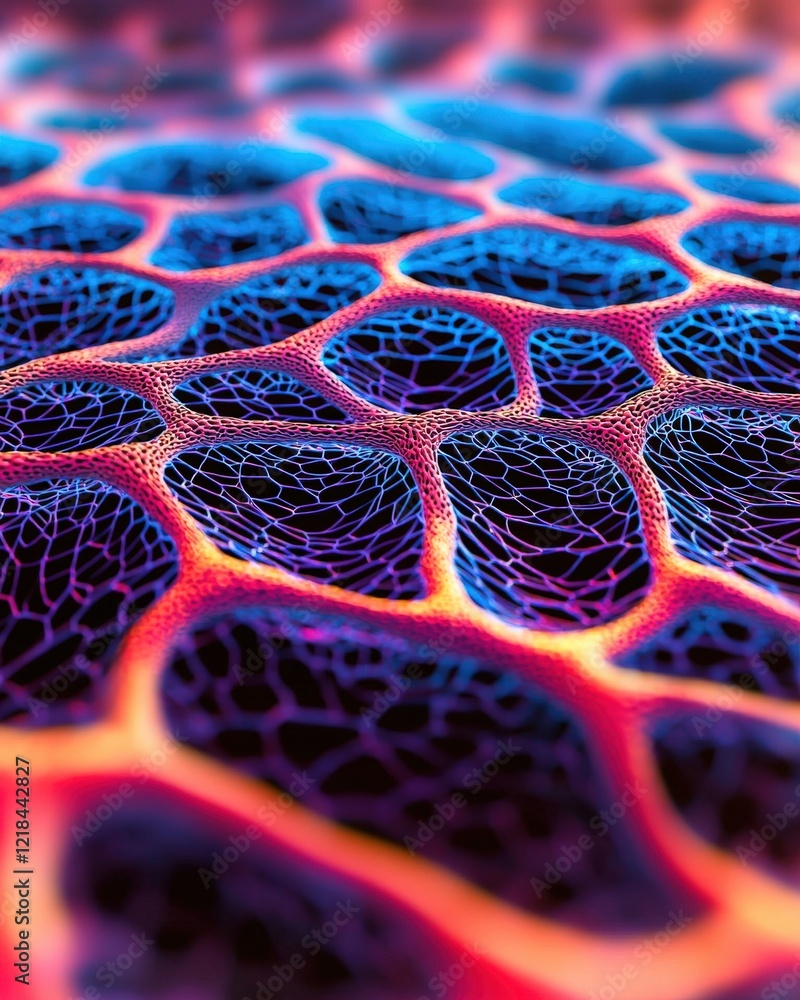 Poster vibrant abstract pattern of cells in digital space with neon colors and intricate details