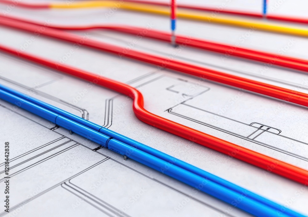 Poster colorful pipes overlay a technical blueprint, illustrating a complex connection system in a mechanic