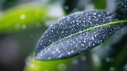 Dew-Kissed Leaf: A macro shot captures the beauty of nature, a single leaf glistening with dew droplets under soft, natural light, evoking a sense of freshness and tranquility.