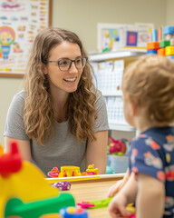 Smiling Teacher Interacting with a Toddler During Playtime in a Colorful Classroom 
