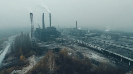 Obraz premium Industrial Enigma: A hauntingly atmospheric view of an industrial facility, chimneys puffing smoke into a misty sky, hinting at a blend of industry, environmental impact and raw power.