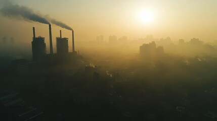 Fototapeta premium Industrial Emissions at Dawn: A silhouette of industrial factories spewing emissions into the atmosphere as the sun rises, casting a hazy glow across the scene.