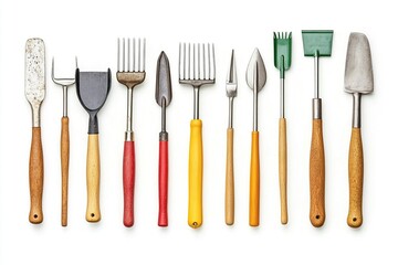 Gardening tools arranged isolated on white background. Eco friendly concept.