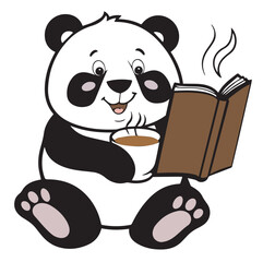 a cute cartoon panda sitting on the floor, reading a book and holding a cup of coffee. The panda has big, round eyes and a happy expression.