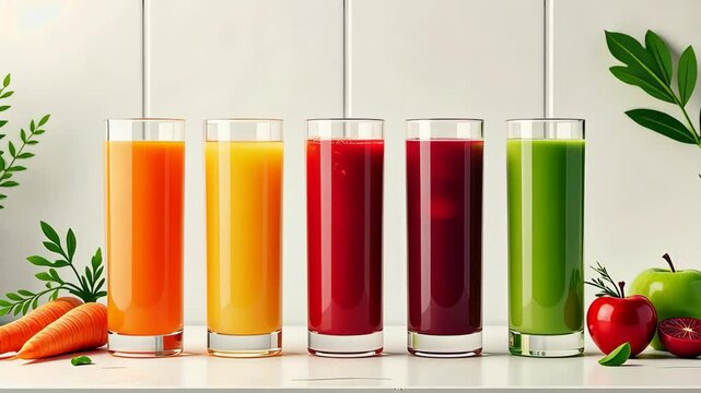 A row of six glasses of different colored juices. The juices are orange, red, green, and yellow. There are also apples and carrots on the table