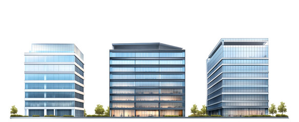 Set of tall modern office buildings isolated on transparent or white background