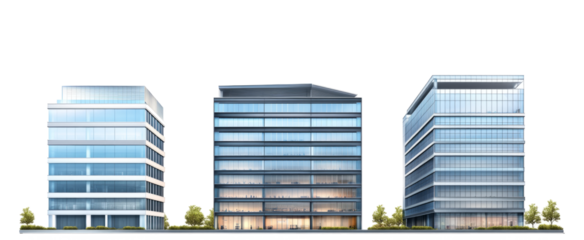 Set of tall modern office buildings isolated on transparent or white background