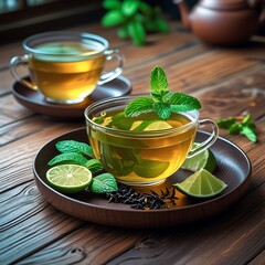cup of green tea with mint