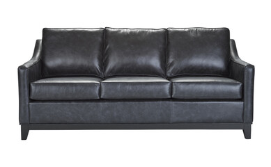 A  leather sofa in a minimalist design with wooden legs + clipping path. The sofa is isolated on a White background.