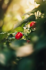 Red fruits among lush green foliage in a garden setting, showcasing natures beauty and the vibrant colors of summer. Ideal for organic farming and healthy lifestyle themes.