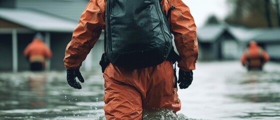 Rescue workers in floodwaters wearing protective gear conducting search and recovery operations in residential areas after severe weather disaster. Emergency response teams.