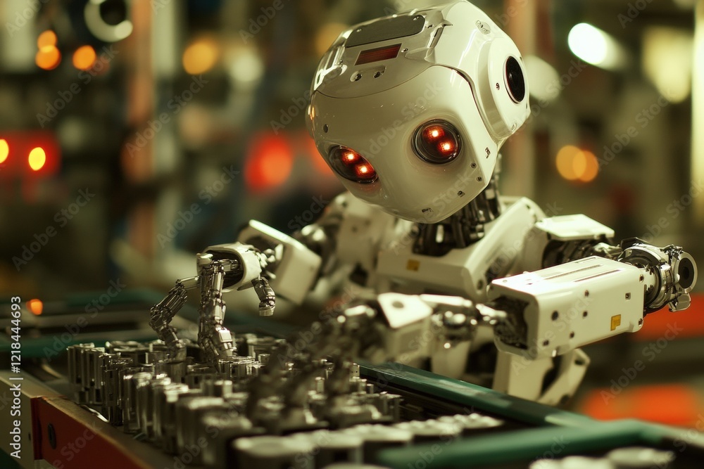 Poster robot, automation technology and industrial production line with robotic arm assembling components i