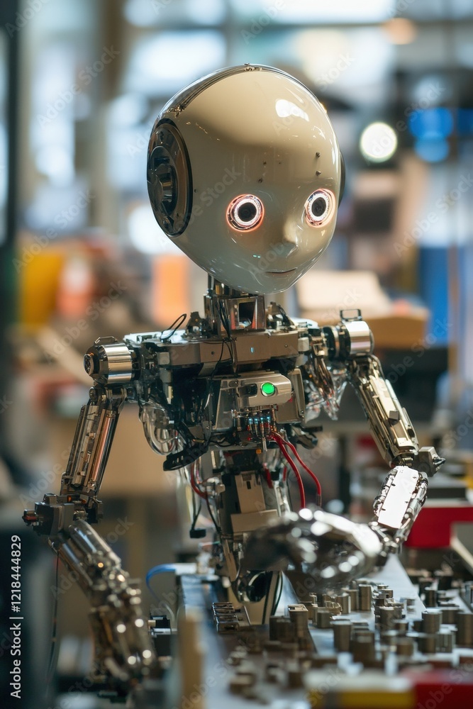 Poster robot, humanoid figure in a high-tech environment exploring ai advancements and automation in manufa