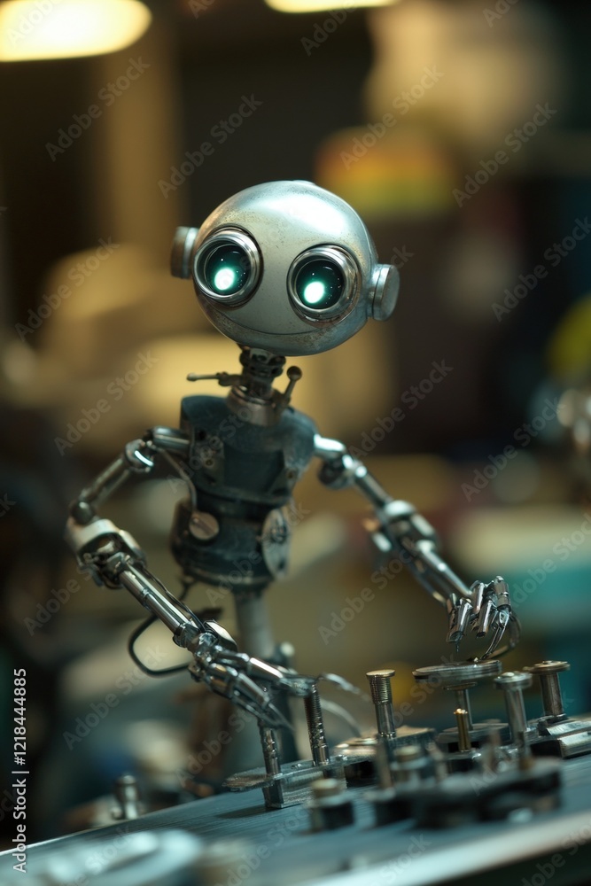 Poster robot performing tasks in a creative workspace, showcasing innovation and technology, perfect for di