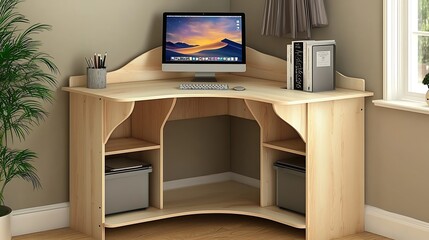 Light corner desk with computer, home office setup, organized workspace, and plants in background