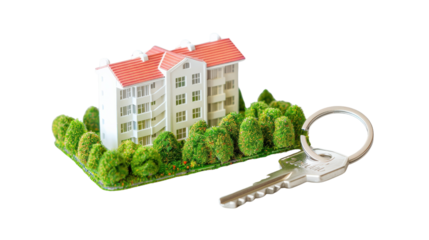 Model apartment building with key on transparency background