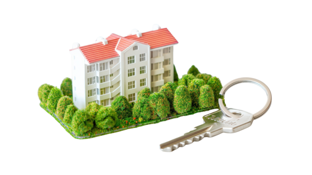 Model apartment building with key on transparency background