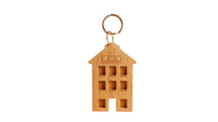 Wooden house keychain with detailed design and charm
