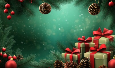 Merry Christmas Festive Background: Gifts, Pine, and Ornaments