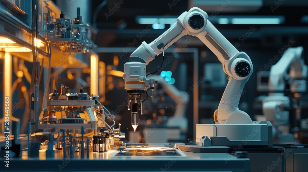 Poster advanced robotic arm in high-tech factory: precision manufacturing and automation