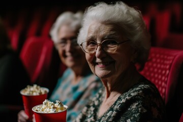 Seniors enjoying movie theater experience with popcorn, smiling and watching film together. Comfortable seating and social bonding in cinematic atmosphere.