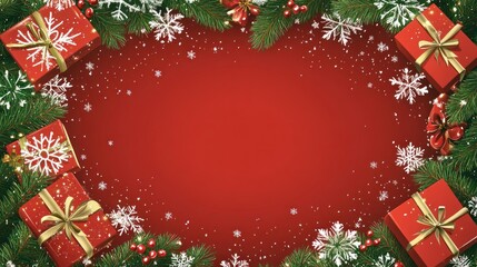 Merry Christmas Festive Red Background with Gifts and Snowflakes