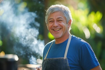 Smiling man cooking outdoors with a barbecue, enjoying time with friends and family in a garden setting, highlighting joy and culinary skills in summer.