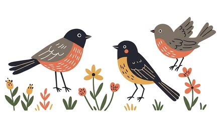 Fototapeta premium Vector illustration in simple hand drawn naive and linocut style - natural print, poster or logo design template - spring illustration - birds