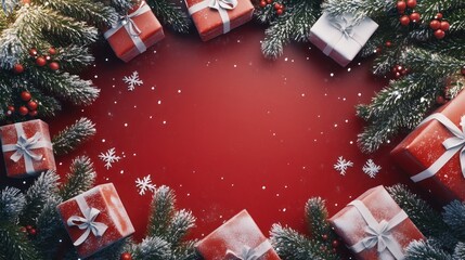 Merry Christmas! Festive Red Background with Gifts and Snow