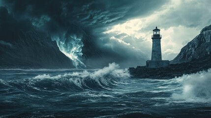 Coastal lighthouse storm; waves crash; dramatic sky; hope
