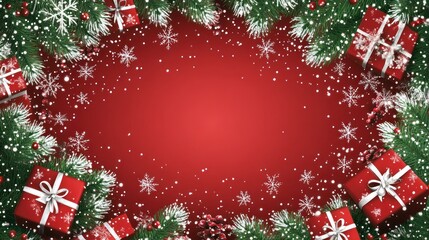 Merry Christmas Festive Red Background with Gifts and Snowflakes