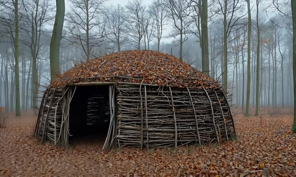 Leaf-covered wattle and daub hut in a misty winter forest.