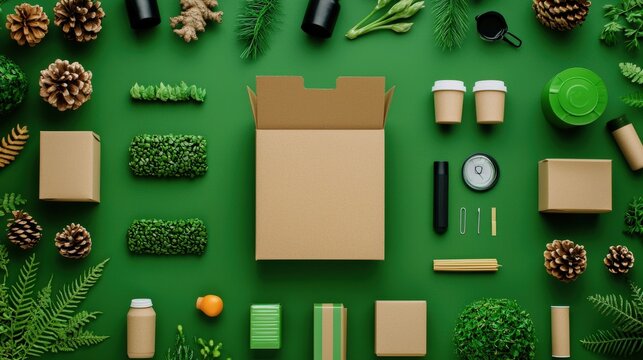 Eco-Friendly Packaging and Natural Elements Arrangement on Green Background for Sustainable Living Concepts