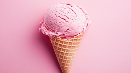 Enjoying sweet pink ice cream in a crispy cone against a vibrant pink background