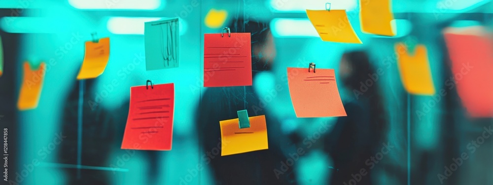 Poster colorful sticky notes on glass board with blurred figures in background creating a dynamic office at