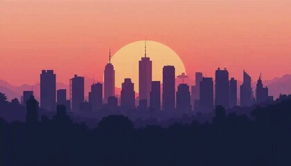 Naklejka premium Flat design city skyline at sunset with silhouetted buildings and a gradient orange-to-purple sky