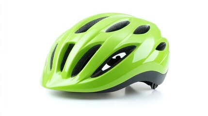 Fototapeta premium Green bike helmet, safety gear, white background, studio shot, cycling safety