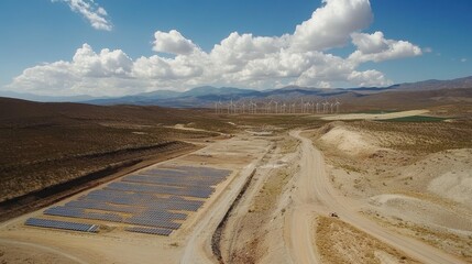 Fototapeta premium Eco-Friendly Landscape: A sprawling solar panel array and a field of wind turbines in a sun-drenched desert landscape, under a brilliant blue sky with scattered clouds.