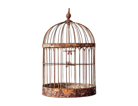 Rusty birdcage isolated on transparent or white background