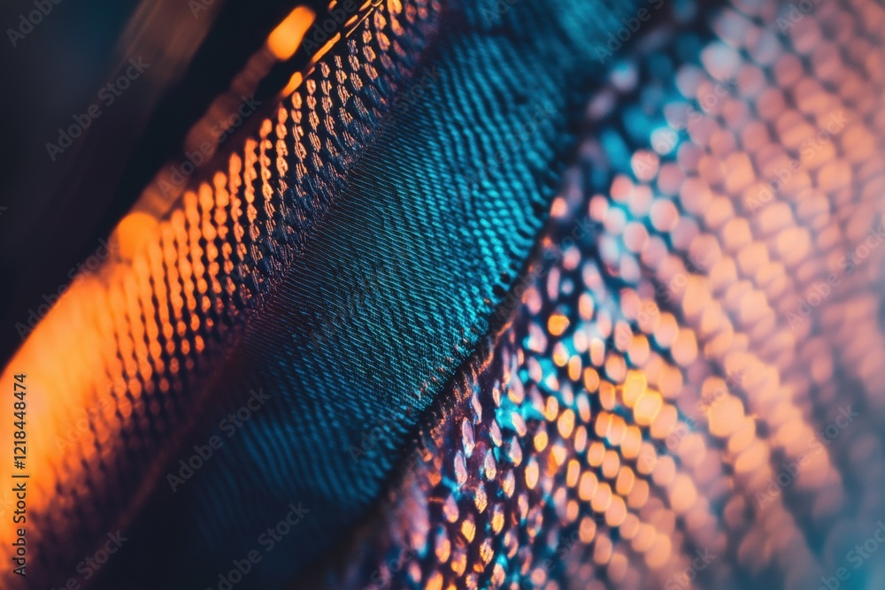 Poster textured fabric close-up with colorful light reflections, showcasing vibrant patterns and design int