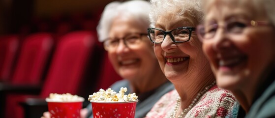Three seniors enjoying popcorn at a movie theater, smiling and watching a film together. Experience of friendship, entertainment, and leisure time in cinema.