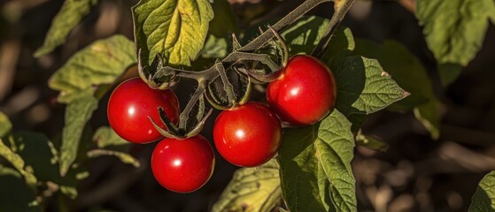 Obraz premium Tomato plants with ripe red fruits growing in the garden, showcasing vibrant colors and fresh produce, ideal for culinary use and home gardening enthusiasts.