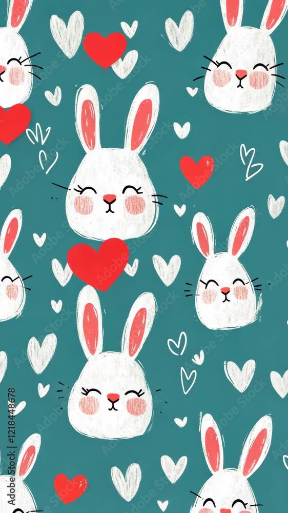 Poster cute bunnies with hearts pattern on turquoise background creating a joyful and playful design