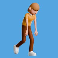 3D illustration of European female cartoon character in casual brown clothes walking sadly with her head down on blue background.